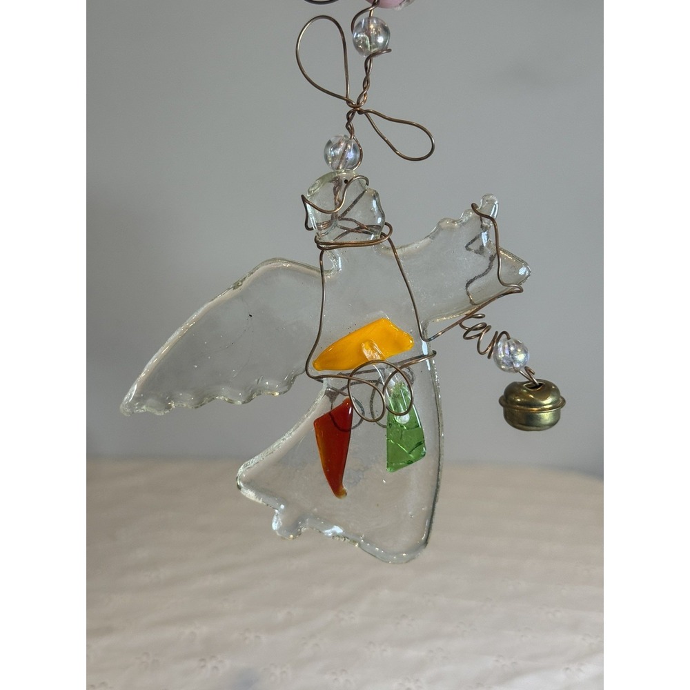 Handmade‎ Fused Glass Angel Suncatcher Ornament Wire Wrapped Bell Hanging 7.5"